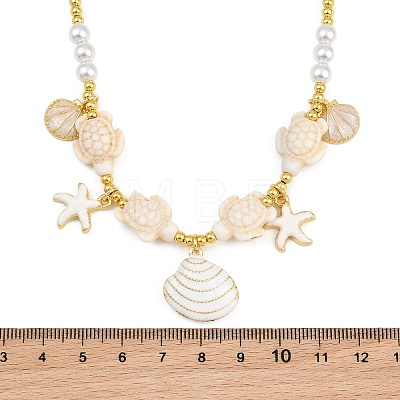 Ocean Brass Enamel Starfish Shell Shape Pendant Round ABS Imitation Pearl Beaded Necklaces KK-CBA4547-04D-G-1