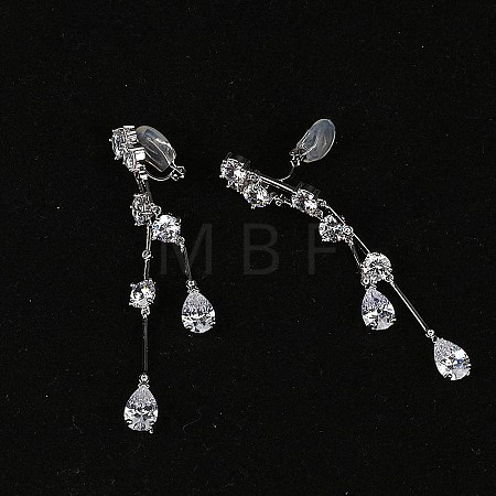 Brass Clear Cubic Zirconia Teardrop Tassel Clip-on Earrings FS-WG0D253-01-1