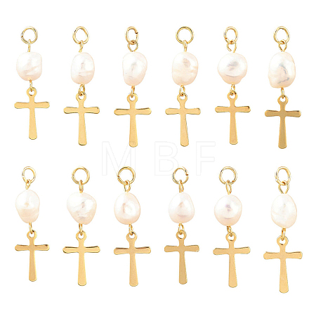 12Pcs Natural Cultured Freshwater Pearl & 201 Stainless Steel Pendants PALLOY-YW00147-1