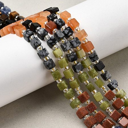 Synthetic Goldstone & Natural Chinese Southern Jade & Red Aventurine & Tiger Eye & Sodalite & Obsidian & Snowflake Obsidian Beads Strands G-H333-03J-1
