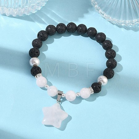 Natural Madagascar Rose Quartz & Lava Rock & Shell Pearl Charm Bracelets BJEW-JB13707-01-1