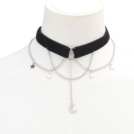 Moon Zinc Alloy Tassel Layered Black Velvet Cord Choker Necklaces FS-WG2E652-02-1