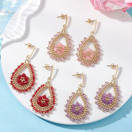 3 Pairs 3 Colors Teardeop Glass Beaded & Dyed Natural Malaysia Jade Dangle Stud Earrings EJEW-MZ00707-1