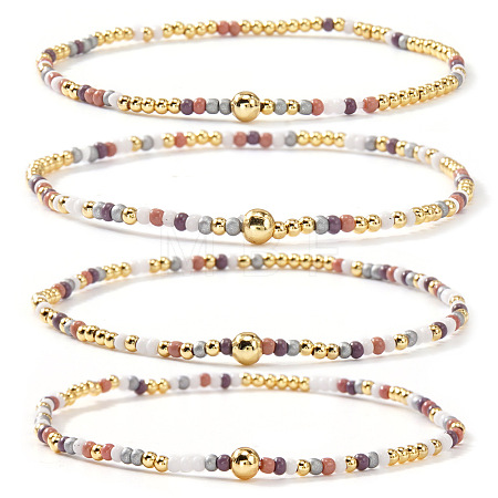 4Pcs Bohemian Glass Seed Bead & Brass Beads Stretch Bracelets for Women DR1565-3-1