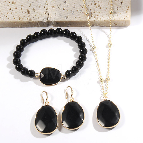 Oval Alloy with Natural Obsidian Pendant Necklaces & Beaded Bracelets & Dangle Earrings Sets WGD3DFC-02-1