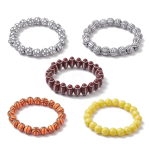 5Pcs 5 Styles Sport Ball Acrylic Beaded Stretch Bracelet Sets for Men BJEW-JB10657-02-1