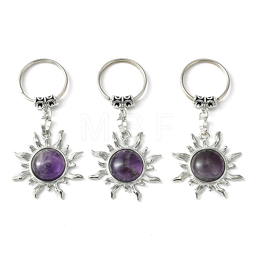 Natural Amethyst & Brass Sun Pendant Keychain G-Z033-03P-03-1