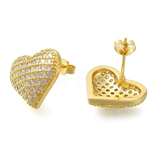 Rack Plating Heart Brass Pave Clear Cubic Zirconia Stud Earrings EJEW-I310-02G-1