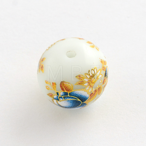 Flower Picture Glass Round Beads GFB-R004-14mm-I16-1