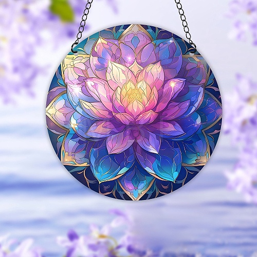 Flat Round with Mandala Flower Pattern Acrylic Printed Window Hanging Suncatcher PW-WGE2980-03-1