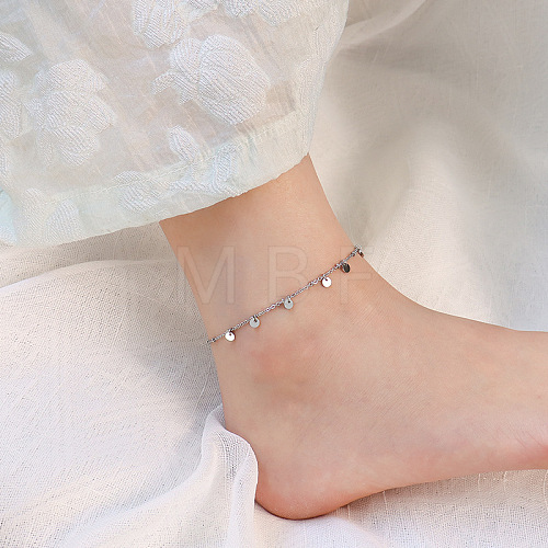 Titanium Steel Flat Round Charm Anklets for Women WG58D55-02-1