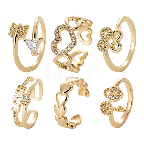 6Pcs 6 Styles Brass Micro Pave Clear Cubic Zirconia Cuff Rings RJEW-LS0001-43G-1