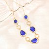 304 Stainless Steel Blue Glass Teardrop Ring Link Chian Necklaces for Women NJEW-D326-03G-2