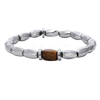 Synthetic Non-magnetic Hematite & Natural Tiger Eye Beaded Stretch Bracelets for Men WG47D8F-01-1