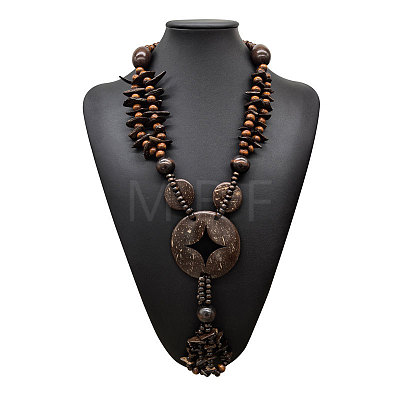 Boho Coconut & Wood Handmade Ethnic Donut Pendant Long Tassel Beaded Necklaces for Beach Vacation WGD9A0D-03-1