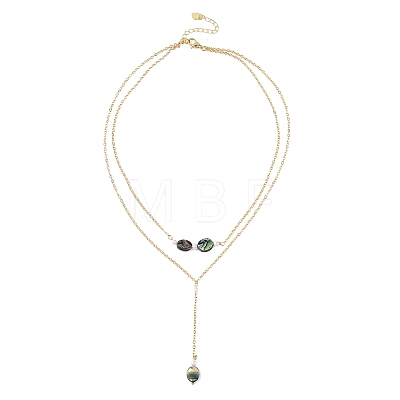Natural Paua Shell Geometric Y Pendant Brass Double Layered Necklaces NJEW-JN06532-01-1