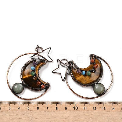Natural Green Aventurine & Tiger Eye Brass Star Moon Big Pendants G-H316-01R-01-1