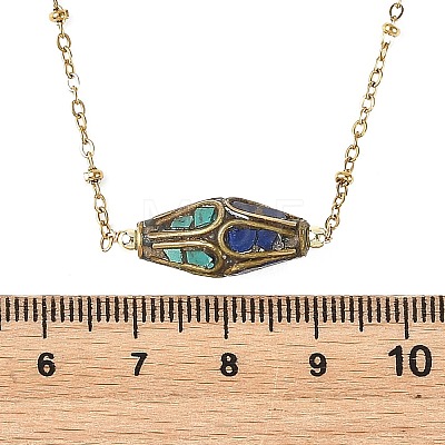 Brass Synthetic Coral and Turquoise Tibetan Beads Pendant 304 Stainless Steel Satellite Chain Necklaces NJEW-JN06517-1