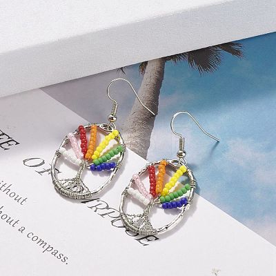 Oval with Tree of Life Glass Seed Braided Dangle Earrings EJEW-JE04874-01-1