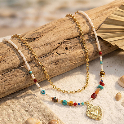 Handmade Natural Mixed Stone Beaded Double Layer Necklaces with Stainless Steel Sacred Heart Pendant for Women Daily Wear OB9788-1-1