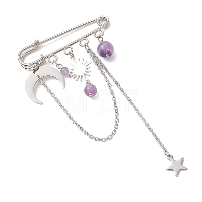 Amethyst & Brass & 304 Stainless Steel Pendant Brooches JEWB-TA00025-1