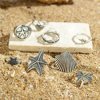 8Pcs 8 Styles Alloy Starfish/Shell Shape/Coconut Tree Finger Rings PW-WG7F8AF-01-1