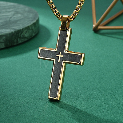 304 Stainless Steel with Wood Religion Cross Pendant Box Chain Necklaces for Men FS-WGA9A37-03-1