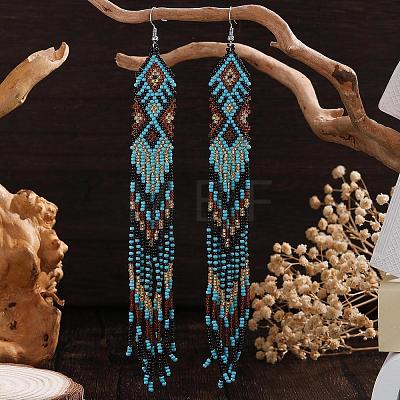 Bohemian Handmade Glass Seed Beads Rhombus Long Tassel Dangle Earrings AP6965-1