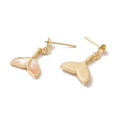 Whale Tail Shape Brass with Natural Shell Dangle Stud Earring Findings KK-P253-03G-1