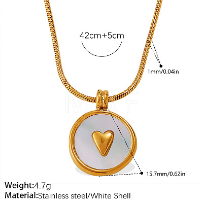 304 Stainless Steel with Natural White Shell Flat Round with Heart Pendant Necklaces for Women WG2F9FE-06-1