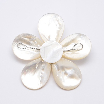 Natural White Shell Mother of Pearl Shell Flower Big Pendants SSHEL-J032MS-08-1