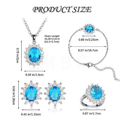 Cubic Zirconia Oval Pendant Necklace & Link Bracelet & Cuff Ring & Stud Earrings SJEW-SZC0001-01E-1