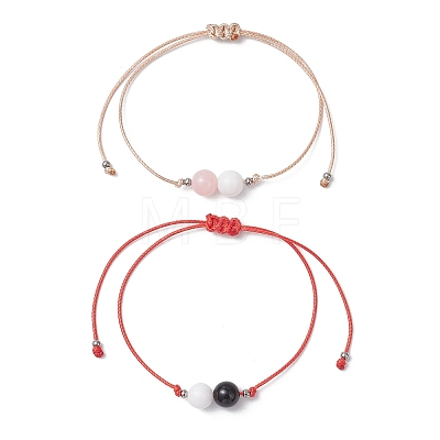 2Pcs Natural Rose Quartz & Eyeless Obsidian 
& Malaysia Jade Beads with Korean Waxed Polyester Cord Bracelets BJEW-JB12887-1