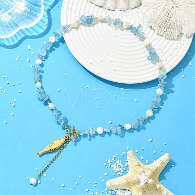 304 Stainless Steel Fish Pendant Natural Aquamarine Chip and Pearl Beaded Necklaces for Women NJEW-JN06299-02-1