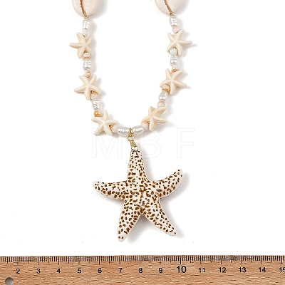 Summer Beach Adjustable Acrylic Starfish Pendant Natural Cowrie Shell & Synthetical Turquoise & Imitation Pearl Beaded Braided Necklaces for Women NJEW-JN06374-1