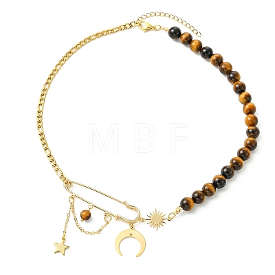 Brass Moon Star Pendant 304 Stainless Steel Figaro Chain and Natural Tiger Eye Round Beaded Necklaces for Women NJEW-TA00238-1