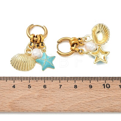 Starfish with Shell Charm 202 Stainless Steel Dangle Hoop Earrings EJEW-JE07063-1