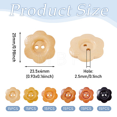 90Pcs 6 Colors 2-Hole Wood Flower Buttons BUTT-TA0001-40D-1