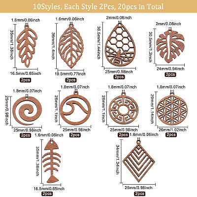 20Pcs 10 Style Natural Walnut Wood Pendants WOOD-CA0001-60-1