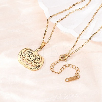 Halloween 304 Stainless Steel Hollow Floral Pumpkin Pendant Cable Chain Necklaces for Men Women NJEW-K308-09G-1