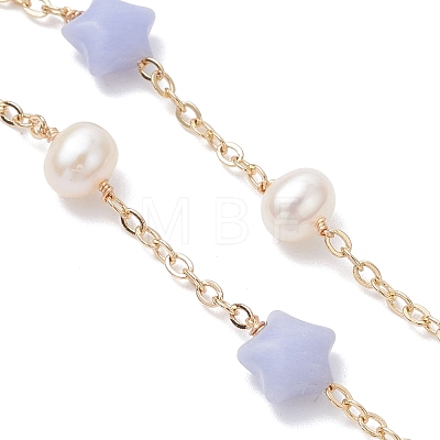 Synthetic Blue Lace Agate Star & Natural Freshwater Pearl Rice & Brass Link Chain Bracelet Making AJEW-JB01456-01-1