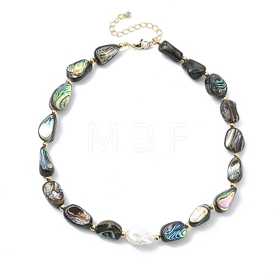 Natural Baroque Keshi Pearl & Nuggets Paua Shell Beaded Necklaces for Women NJEW-JN06006-1