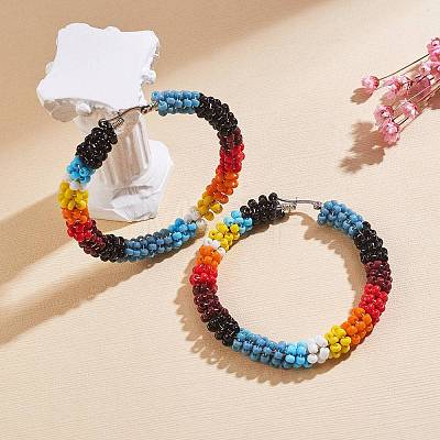 Boho Glass Seed Beaded Big Huggie Hoop Earrings for Women EJEW-SW00003-1