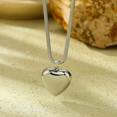 304 Stainless Steel Heart Pendant Flat Snake Chain Necklaces for Women NJEW-U012-01P-1