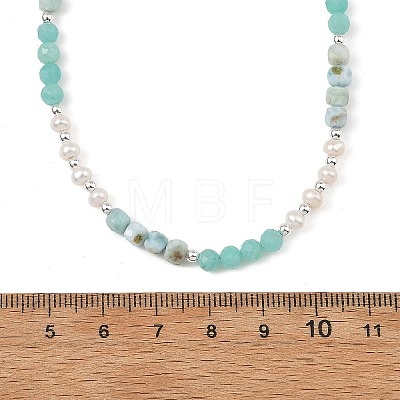 Faceted Round Natural Larimar and Pearl Beaded Necklaces NJEW-JN06409-01-1