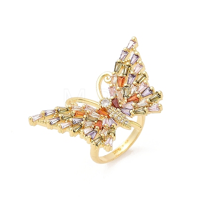 Butterfly Brass Micro Pave Colorful Cubic Zirconia Finger Rings for Women RJEW-G343-30G-01-1