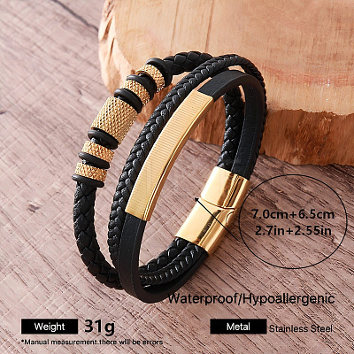 Vintage 304 Stainless Steel Braided PU Leather 3-Strand Bracelets with Magnetic Clasps for Men AW4571-4-1