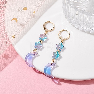 Moon & Star Glass Dangle Leverback Earrings with 304 Stainless Steel Pins EJEW-JE05605-01-1