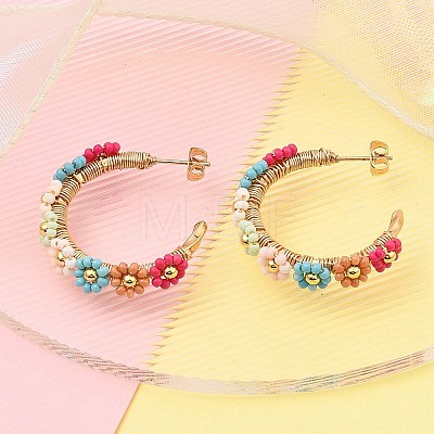 304 Stainless Steel & Bohemian Beaded C-Shaped with Flower Stud Earrings for Women EJEW-R001-03G-01-1