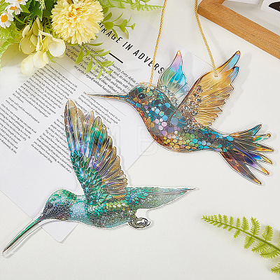 2Pcs 2 Styles Acrylic Bird Hanging Suncatchers HJEW-CN0001-32-1